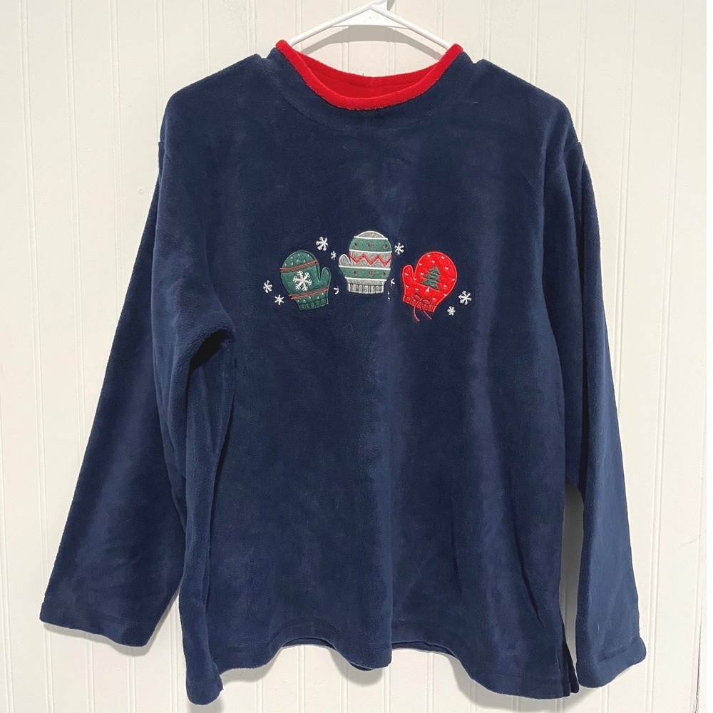 Croft & Barrow Fleece Pullover Women S Navy Blue Mitten Embroidery Holiday